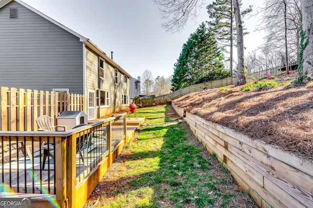 view of yard featuring a fenced backyard and a wooden deck