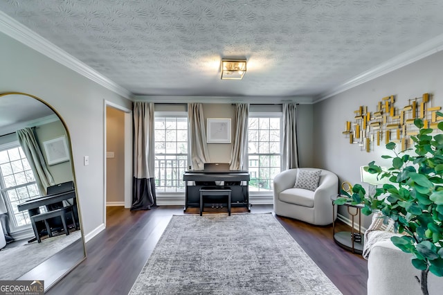 living area with a textured ceiling, dark wood finished floors, and baseboards