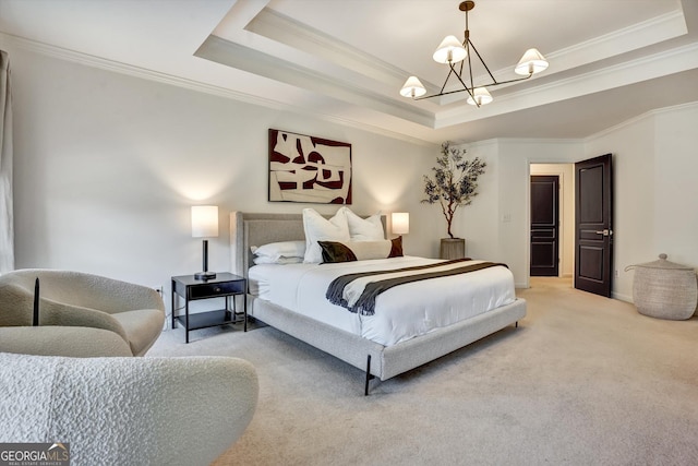 bedroom with carpet, crown molding, a raised ceiling, and a notable chandelier