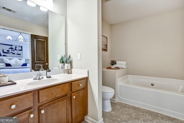 full bathroom with connected bathroom, toilet, vanity, visible vents, and a bath