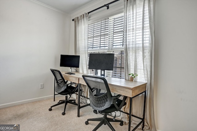 home office with ornamental molding, light colored carpet, and baseboards