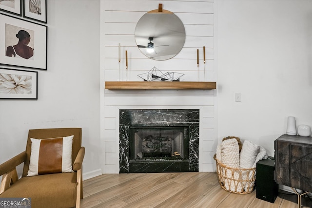 living area featuring a fireplace and wood finished floors