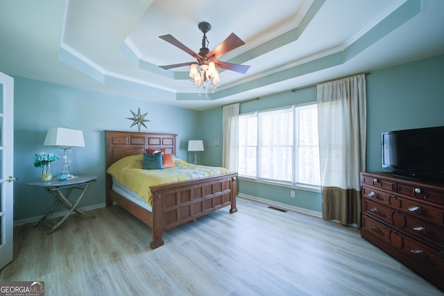 210 Wrights Mill Way, Canton, GA 30115 - bedroom featuring a tray ceiling, ornamental molding, light wood finished floors, baseboards, and a ceiling fan