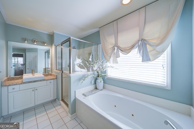 210 Wrights Mill Way, Canton, GA 30115 - bathroom featuring a jetted tub, a shower stall, tile patterned floors, vanity, and ornamental molding