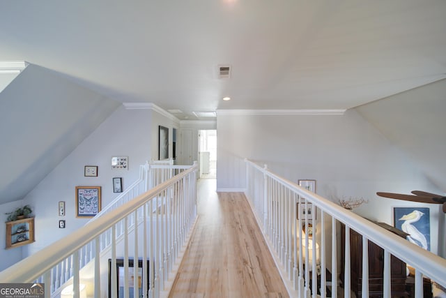 210 Wrights Mill Way, Canton, GA 30115 - hall featuring wood finished floors, an upstairs landing, vaulted ceiling, crown molding, and recessed lighting