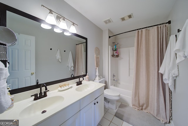 210 Wrights Mill Way, Canton, GA 30115 - bathroom with tile patterned floors, toilet, double vanity, and shower / tub combo