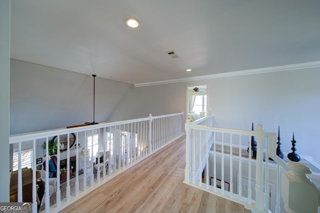 210 Wrights Mill Way, Canton, GA 30115 - corridor featuring ornamental molding, wood finished floors, recessed lighting, an upstairs landing, and lofted ceiling