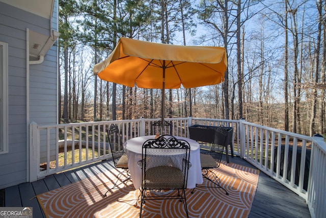 210 Wrights Mill Way, Canton, GA 30115 - wooden deck with outdoor dining area and view of scattered trees