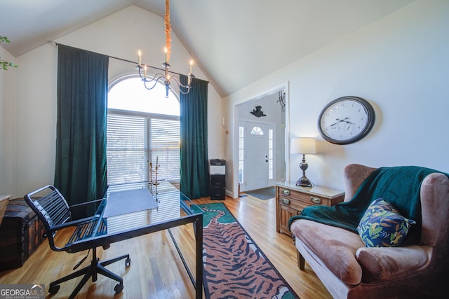 210 Wrights Mill Way, Canton, GA 30115 - home office with a chandelier, high vaulted ceiling, and light wood-type flooring