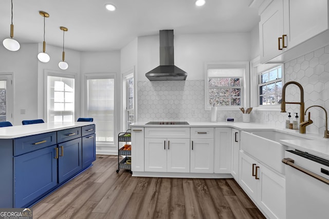 kitchen featuring dishwashing machine, light countertops, blue cabinetry, a sink, and exhaust hood