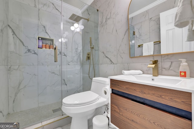 bathroom featuring a marble finish shower, crown molding, tile walls, and toilet