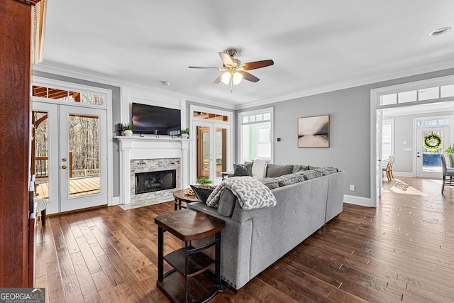 living room featuring ornamental molding, french doors, dark wood-type flooring, and baseboards