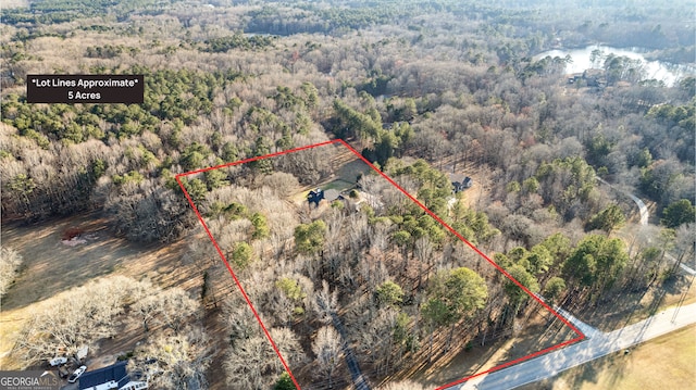 birds eye view of property featuring a wooded view