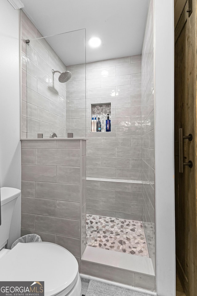 bathroom with a walk in shower and toilet