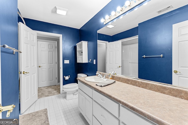 bathroom featuring toilet, tile patterned flooring, visible vents, and vanity