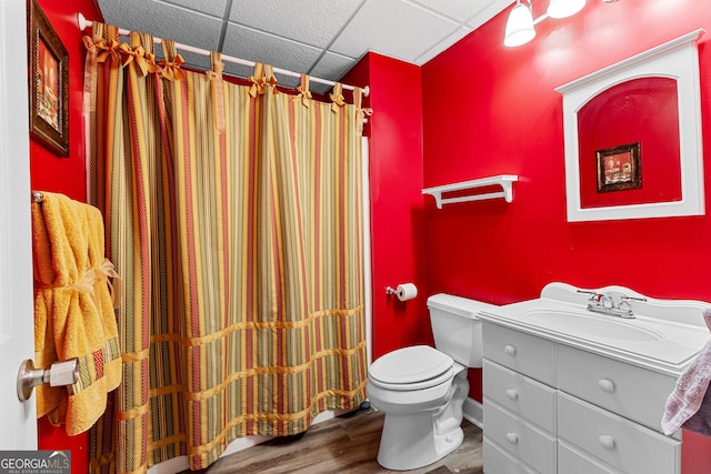 bathroom featuring toilet, vanity, wood finished floors, a shower with curtain, and a drop ceiling