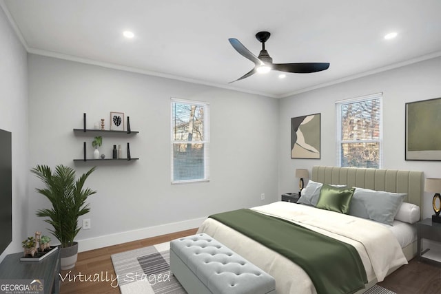 bedroom featuring dark wood-style floors, crown molding, recessed lighting, a ceiling fan, and baseboards