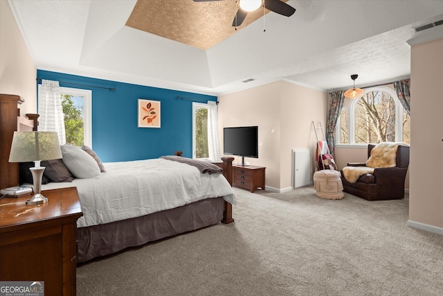 bedroom with carpet floors, multiple windows, a raised ceiling, and visible vents