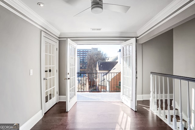 entryway featuring ornamental molding, french doors, visible vents, and dark wood finished floors