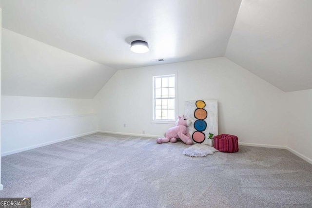 game room with lofted ceiling, carpet flooring, and baseboards