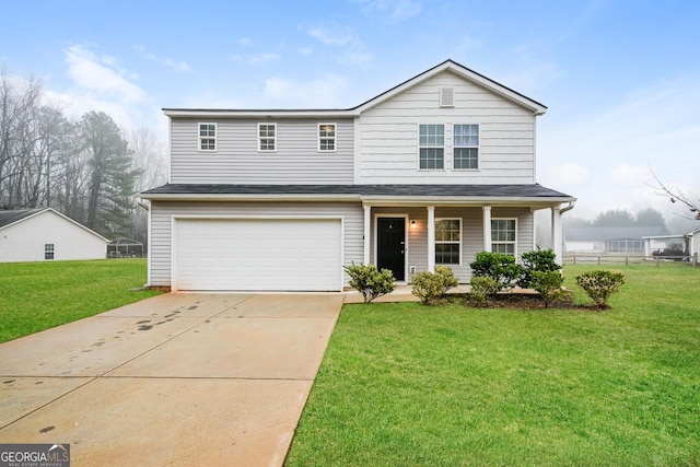 traditional home featuring an attached garage, driveway, covered porch, and a front yard