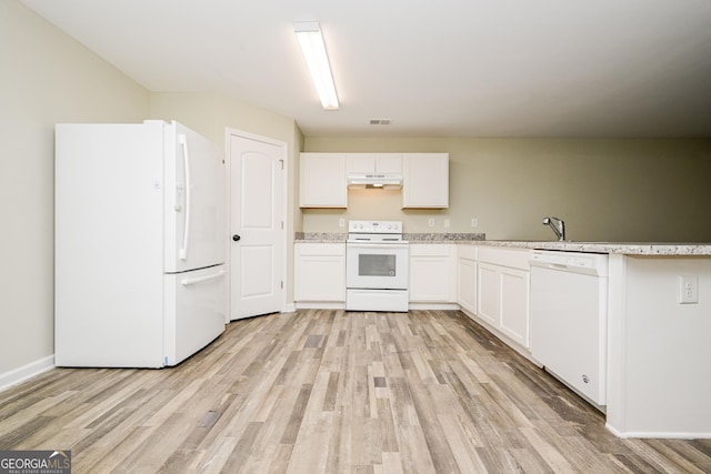 kitchen with white appliances, under cabinet range hood, white cabinets, and light wood-style floors