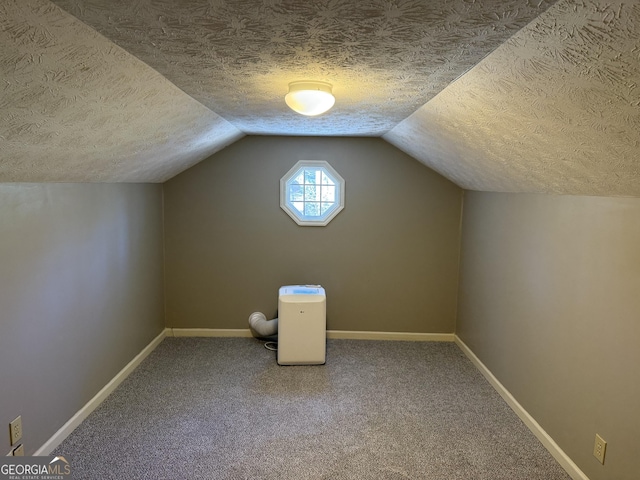 additional living space with carpet, baseboards, vaulted ceiling, and a textured ceiling