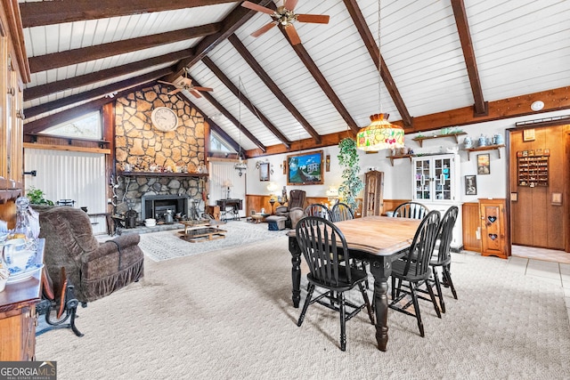 82 Swan Ave, Newnan, GA 30263 - dining room featuring a ceiling fan, light carpet, wainscoting, beam ceiling, and high vaulted ceiling