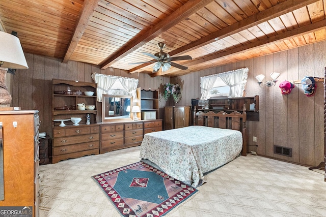 82 Swan Ave, Newnan, GA 30263 - carpeted bedroom featuring wooden walls and a wooden ceiling with exposed beams