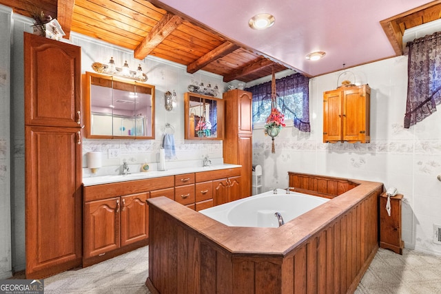 82 Swan Ave, Newnan, GA 30263 - bathroom with a wooden ceiling with exposed beams, double vanity, and a bath