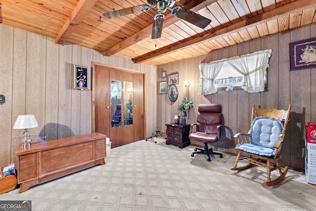 82 Swan Ave, Newnan, GA 30263 - sitting room with a wood ceiling with exposed beams, wood walls, ceiling fan, and carpet