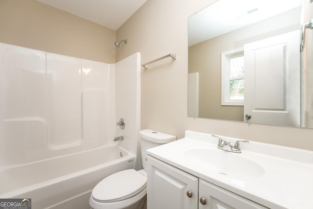 bathroom featuring toilet, shower / bathtub combination, visible vents, and vanity