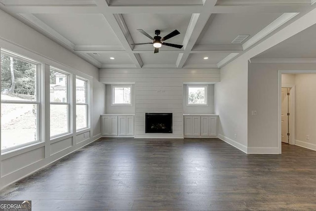 unfurnished living room featuring a large fireplace, baseboards, coffered ceiling, and dark wood-style flooring