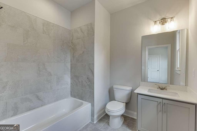 full bathroom featuring baseboards, toilet, tile patterned flooring, tub / shower combination, and vanity