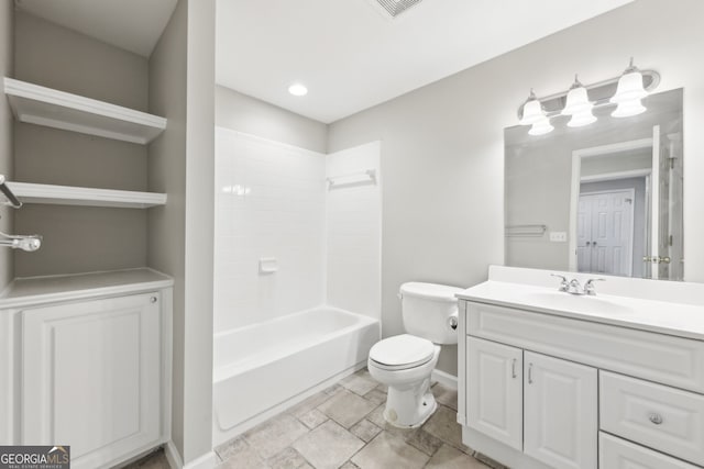 bathroom with visible vents, baseboards, toilet, and vanity