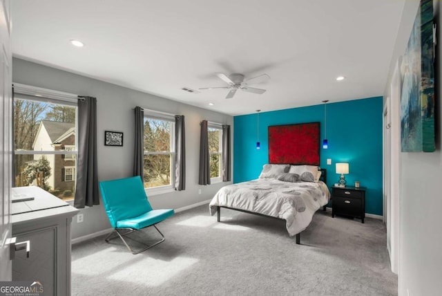 bedroom featuring light carpet, baseboards, visible vents, ceiling fan, and recessed lighting