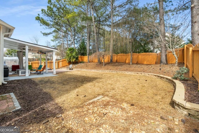 view of yard featuring a fenced backyard and a patio