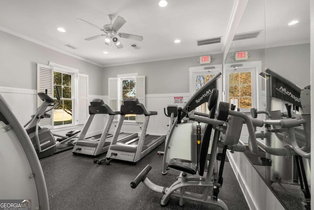 gym with a wainscoted wall, ornamental molding, visible vents, and recessed lighting