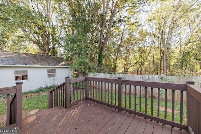 wooden terrace featuring a yard and a fenced backyard