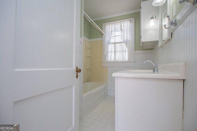 full bath featuring ornamental molding, shower / bathing tub combination, and vanity