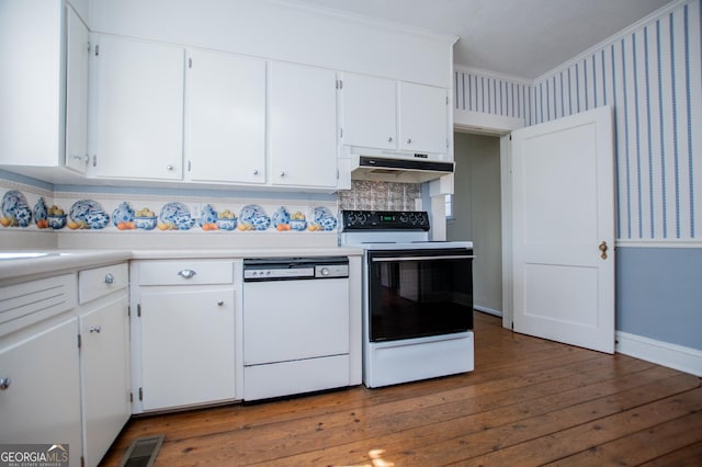 kitchen featuring under cabinet range hood, white appliances, white cabinetry, light countertops, and wallpapered walls