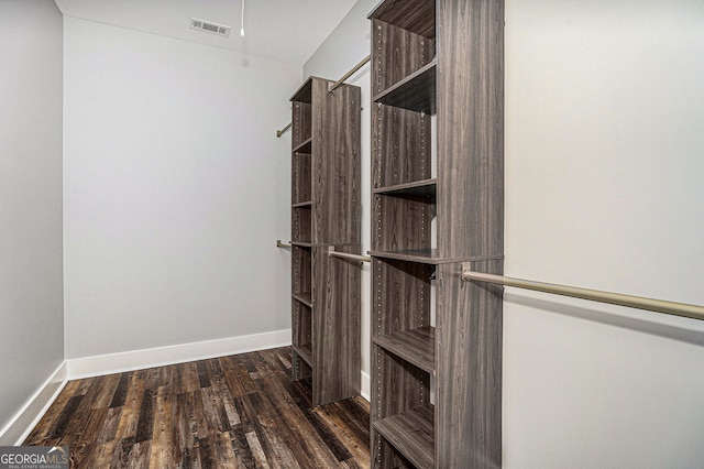 spacious closet featuring visible vents and dark wood-type flooring