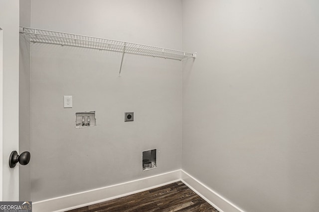 washroom with washer hookup, dark wood-type flooring, hookup for an electric dryer, laundry area, and baseboards