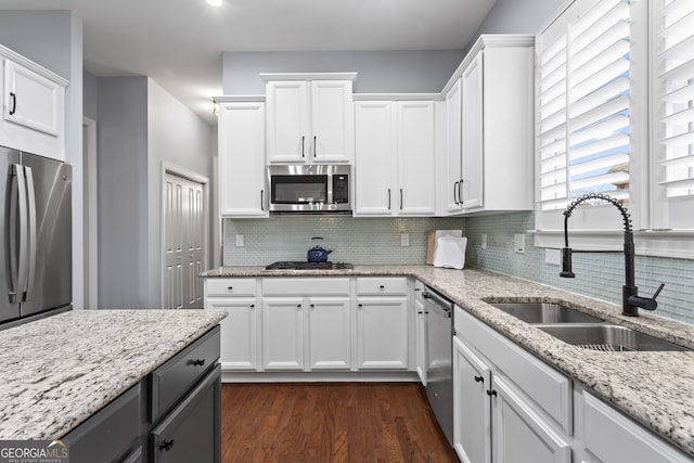 kitchen with dark wood-style flooring, a sink, white cabinets, appliances with stainless steel finishes, and decorative backsplash