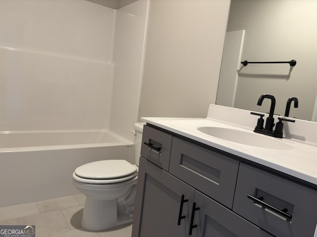 full bathroom with vanity, tub / shower combination, tile patterned flooring, and toilet