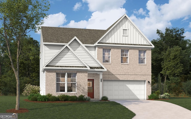 view of front of home with brick siding, board and batten siding, a front yard, a garage, and driveway