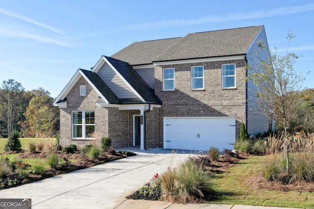 view of front facade with a garage, brick siding, driveway, and roof with shingles