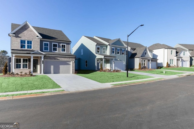 view of front of property featuring a residential view, concrete driveway, an attached garage, and a front lawn