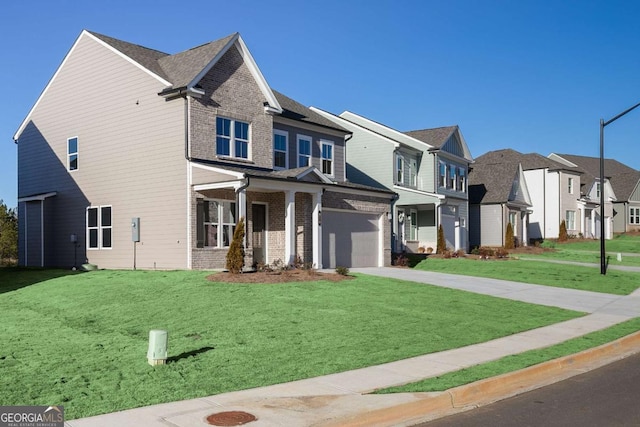 view of front of home with a garage, brick siding, driveway, a residential view, and a front lawn