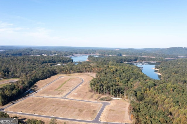 bird's eye view with a forest view and a water view